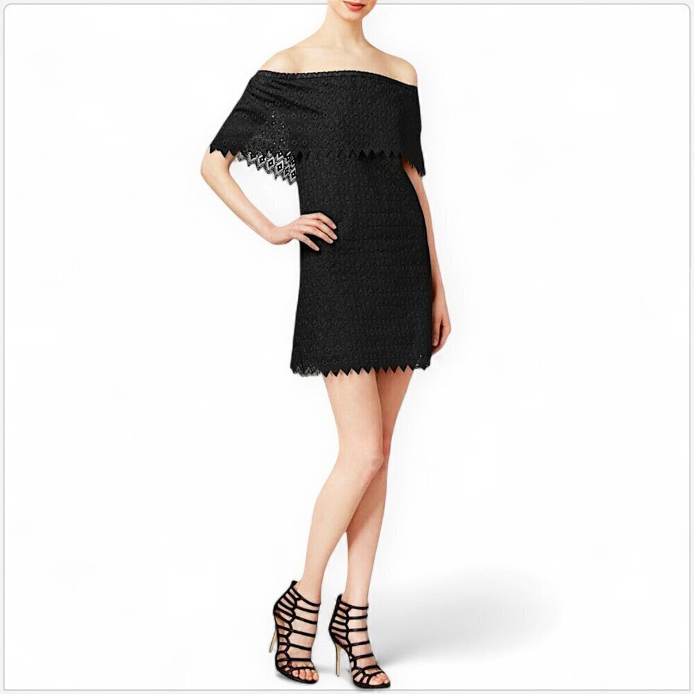 Kensie Black Eyelet Lace Off the Shoulder Mini Shift Dress Sexy Cute NWT New XS